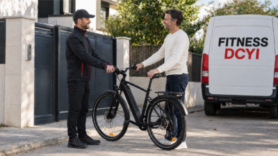 Livreur déchargeant un vélo électrique du véhicule Fitness DCYI