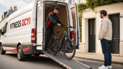 Livreur remettant un vélo électrique à un client devant son domicile